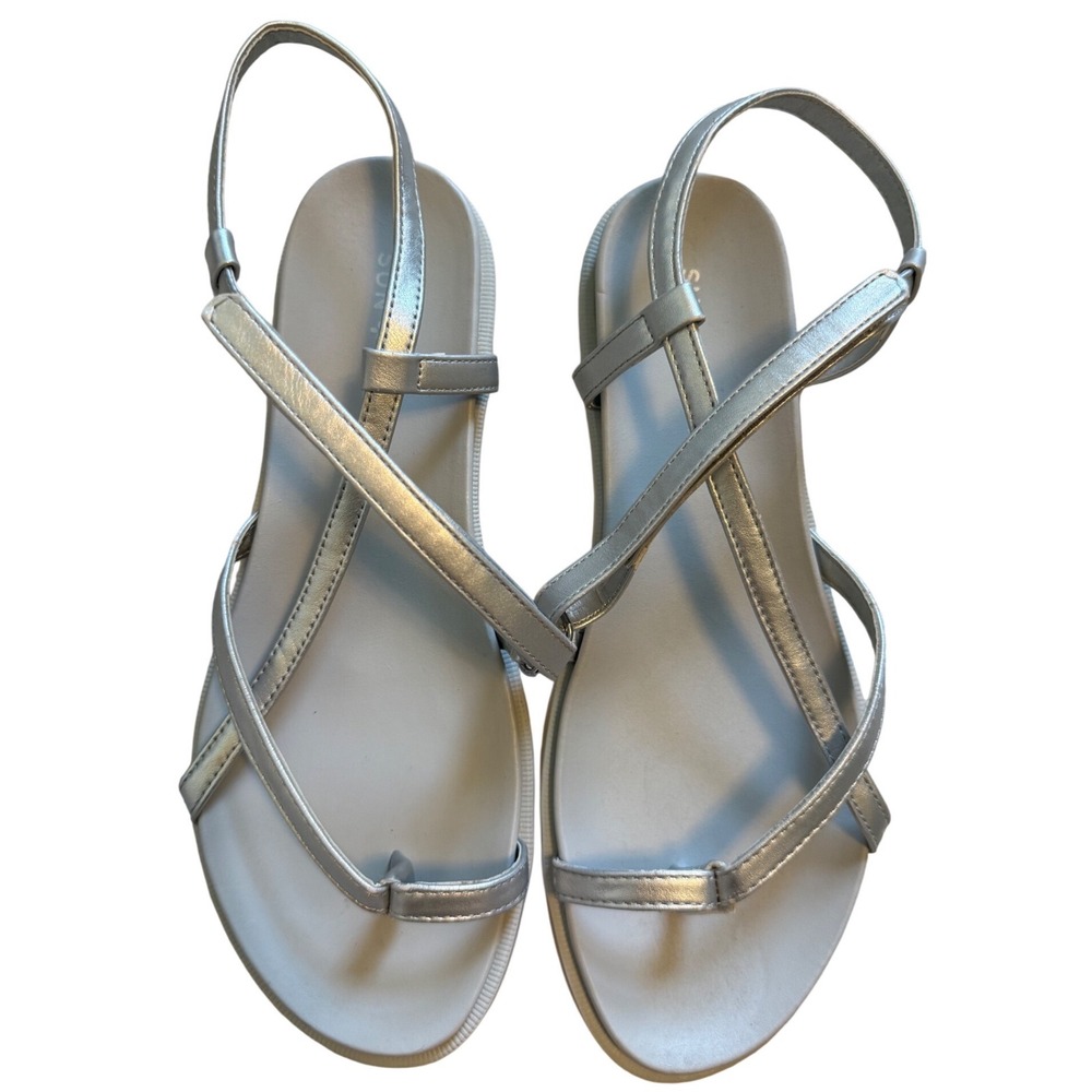 Sun + Stone Juune Silver Metallic Strappy Toe‎ Loop Sandals Womens 7.5 M F42198
